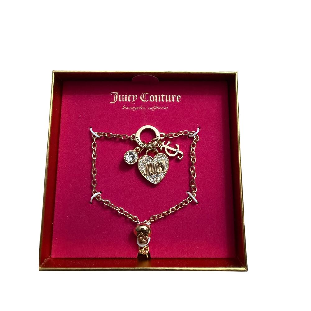 Juicy Couture Gold Tone Charm Bracelet Heart Crystal Logo NIB Gift Box - Picture 1 of 5